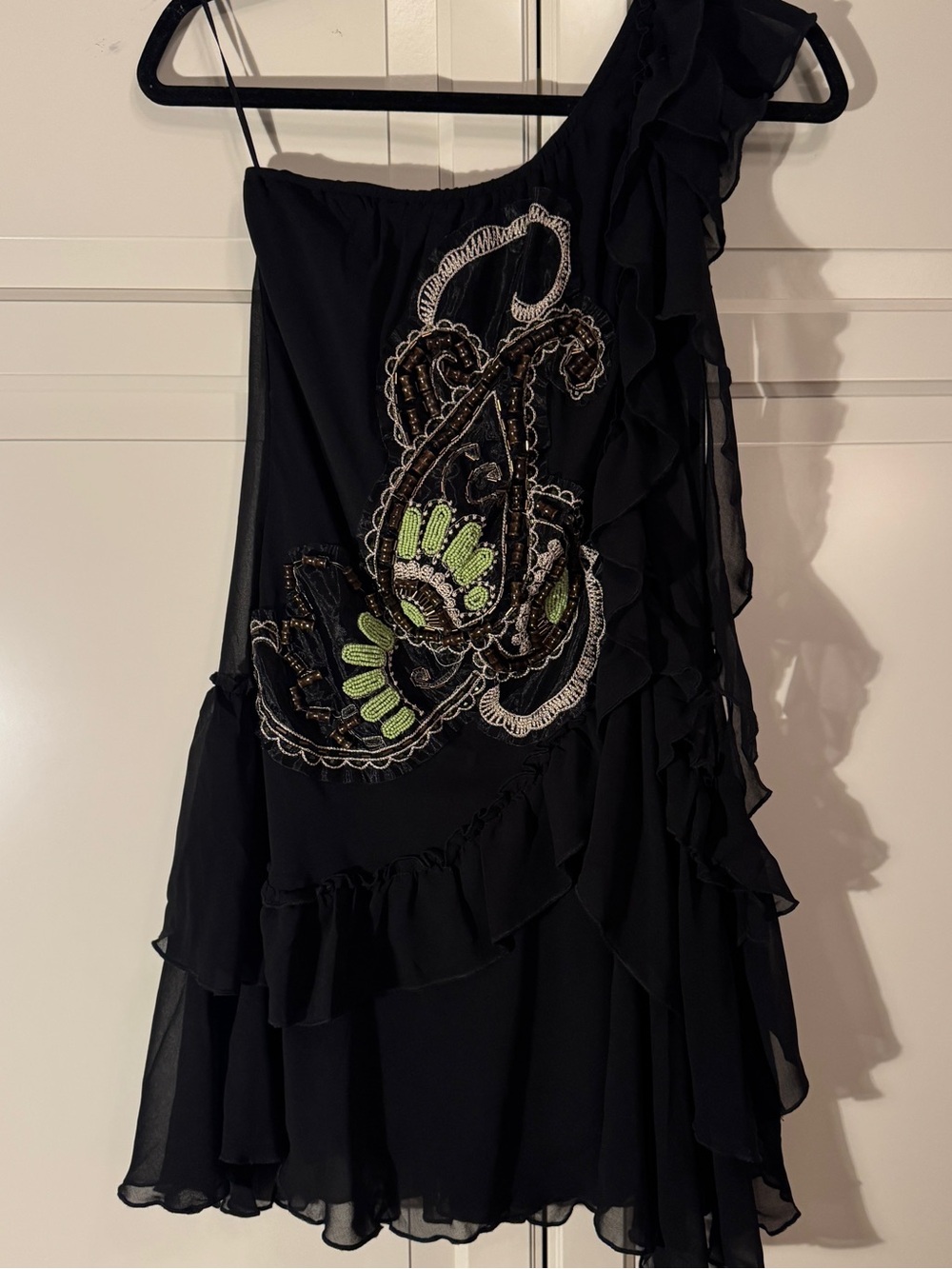 Double Zero Black One-Shoulder Ruffled Dress with Green Beaded Embroidery
